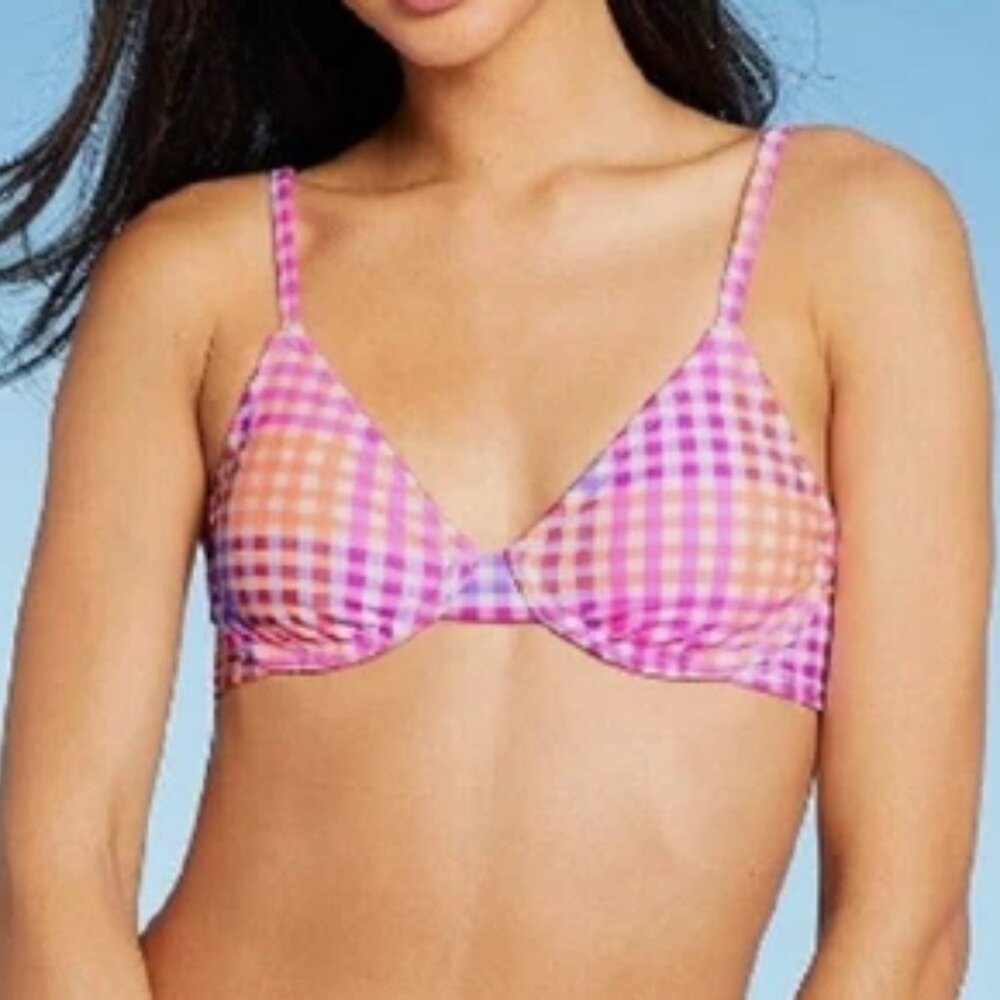 Bikini Top Xhilaration Pink Purple & Orange Plaid Small EUC
